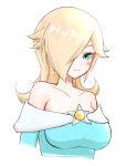  1girl aqua_eyes bare_shoulders blonde_hair blush closed_mouth crown crown_removed dress earrings highres jewelry long_hair looking_at_viewer rosalina smile solo super_mario_bros. super_mario_galaxy super_mario_galaxy_2 super_smash_bros. tomatomiya upper_body 