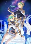  1boy 1girl blonde_hair bracer cape castor_(fate) circlet column fate/grand_order fate_(series) highres nakaga_eri night night_sky pillar pollux_(fate) ruins shooting_star siblings sitting sky twins violet_eyes 