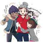  &gt;_&lt; 2girls 3boys :d beanie bede_(pokemon) black_pants black_shirt blue_jacket blush bob_cut brown_eyes brown_hair cable_knit cardigan closed_eyes commentary_request confetti dark-skinned_male dark_skin fur-trimmed_jacket fur_trim gloria_(pokemon) green_headwear grey_cardigan grey_headwear hand_up hat highres hooded_cardigan hop_(pokemon) iroyopon jacket marnie_(pokemon) multiple_boys multiple_girls notice_lines open_clothes open_jacket open_mouth pants plaid pokemon pokemon_(game) pokemon_masters_ex pokemon_swsh purple_hair red_shirt shirt short_hair sleeves_past_elbows smile tam_o&#039;_shanter teeth tongue translation_request victor_(pokemon) white_background 