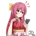  1girl ? ?? bow breasts cellphone hair_between_eyes hair_bow hakama holding holding_phone japanese_clothes kamikaze_(kancolle) kantai_collection kimono long_hair meiji_schoolgirl_uniform no._vii phone pink_hakama purple_hair red_kimono small_breasts smartphone solo sweatdrop upper_body violet_eyes white_background yellow_bow 