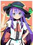  1girl alternate_eye_color black_headwear blue_eyes blue_hair blush buttons center_frills collared_shirt food food-themed_hat_ornament frills fruit fruit_hat_ornament green_ribbon hair_between_eyes hand_on_headwear hand_on_hip harakune_(mugennero) hat hat_ornament hat_ribbon highres hinanawi_tenshi leaf long_hair parted_lips peach puffy_short_sleeves puffy_sleeves red_background ribbon shirt short_sleeves simple_background solo touhou upper_body white_shirt 