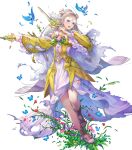  1girl animal bird blue_eyes breasts bug butterfly dagger detached_sleeves dress dual_wielding earrings eir_(fire_emblem) feathers fire_emblem fire_emblem_heroes flower flower_earrings frills full_body gold_trim grey_hair haccan hair_ornament highres holding holding_weapon jewelry knife leg_up long_dress long_hair looking_away medium_breasts non-web_source official_art open_mouth petals ponytail sandals skirt teeth thighs tiara toeless_footwear torn_clothes torn_dress torn_skirt torn_sleeves transparent_background upper_teeth very_long_hair weapon wide_sleeves 