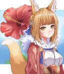  1girl animal_ear_fluff animal_ears bangs blue_sky blunt_bangs breasts brown_hair clothing_request commentary_request day eyelashes fang fire_emblem fire_emblem_fates flower fox_ears fox_tail fur_collar fuussu_(21-kazin) hair_ornament japanese_clothes letterboxed light_blush looking_at_viewer medium_breasts medium_hair multicolored_hair orange_hair orange_tail outdoors outside_border red_flower selkie_(fire_emblem) sky smile solo streaked_hair tail tail_raised two-tone_hair upper_body yellow_eyes 