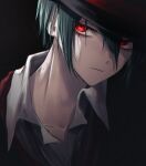  1boy bangs black_background black_hair black_headwear closed_mouth collarbone collared_shirt danganronpa_(series) danganronpa_v3:_killing_harmony grey_shirt hair_between_eyes highres male_focus porary portrait red_eyes saihara_shuuichi shirt short_hair simple_background solo 