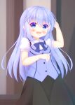  1girl :d absurdres arm_up bangs black_skirt blue_bow blue_eyes blue_hair blue_vest blurry blurry_background blush bow breasts collared_shirt commentary_request depth_of_field gochuumon_wa_usagi_desu_ka? hair_between_eyes hair_ornament highres kafuu_chino long_hair puffy_short_sleeves puffy_sleeves rabbit_house_uniform shirt short_sleeves skirt small_breasts smile solo uniform very_long_hair vest waitress white_shirt x_hair_ornament yukatama 