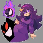  1girl 2others @_@ bacun black_eyes breasts dress gastly gengar grey_background hairband hex_maniac_(pokemon) large_breasts long_hair messy_hair multiple_others open_mouth pokemon pokemon_(creature) pokemon_(game) pokemon_xy purple_dress purple_hair red_eyes sharp_teeth smile spider_web_print teeth violet_eyes wide_hips 