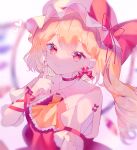  1girl ascot blonde_hair blurry blurry_background closed_mouth crystal fingernails flandre_scarlet frilled_ascot frills hair_between_eyes hat hat_ribbon head_tilt heart highres kokonoe826 long_hair looking_at_viewer mob_cap nail_polish puffy_short_sleeves puffy_sleeves red_eyes red_nails red_ribbon red_vest ribbon sharp_fingernails shirt short_sleeves side_ponytail smile solo touhou upper_body vest white_headwear white_shirt wings wrist_ribbon yellow_ascot 