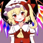  1girl ai-generated ascot bangs black_background blonde_hair blush bow breasts collarbone collared_shirt commentary crossed_bangs crystal flandre_scarlet hair_between_eyes hat hat_bow jewelry journeyhermitage looking_at_viewer medium_breasts mob_cap multicolored_wings one_side_up open_mouth puffy_short_sleeves puffy_sleeves purple_background red_bow red_eyes red_skirt red_vest shirt short_hair short_sleeves skirt skirt_set smile solo touhou upper_body vest white_headwear wings yellow_ascot 
