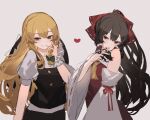  2girls absurdres ascot black_headwear black_vest blonde_hair blush bow braid brown_eyes brown_hair closed_mouth clynxen detached_sleeves finger_to_mouth frilled_hair_tubes frills green_bow grey_background grin hair_between_eyes hair_bow hair_tubes hakurei_reimu hand_on_own_face hand_up hat hat_on_back hat_removed head_tilt headwear_removed highres kirisame_marisa long_hair looking_at_viewer multiple_girls playing_with_own_hair ponytail puffy_short_sleeves puffy_sleeves red_bow red_eyes red_ribbon red_vest ribbon ribbon-trimmed_sleeves ribbon_trim shirt short_sleeves sidelocks simple_background single_braid sketch smile touhou upper_body very_long_hair vest white_shirt white_sleeves yellow_ascot 