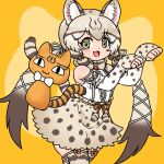  1girl animal_costume animal_ear_fluff animal_ears bare_shoulders bow bowtie cat_ears cat_girl cat_tail edamamezooooo extra_ears geoffroy&#039;s_cat_(kemono_friends) green_eyes grey_hair kemono_friends kemono_friends_v_project kneehighs long_hair looking_at_viewer microphone multicolored_hair open_mouth ribbon shirt simple_background skirt smile socks tail twintails virtual_youtuber 
