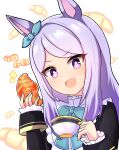 1girl animal_ears black_dress blue_bow bow croissant cup dress ear_bow food highres holding holding_cup holding_food horse_ears horse_girl long_hair long_sleeves mejiro_mcqueen_(umamusume) open_mouth purple_hair simple_background solo teacup umamusume violet_eyes white_background whitelily_bread 