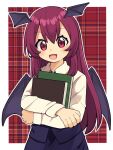  1girl bat_wings black_skirt black_vest book border collared_shirt demon_wings happy head_tilt head_wings highres holding holding_book koakuma long_hair long_sleeves looking_at_viewer necktie open_mouth plaid plaid_background red_background red_eyes red_necktie redhead shirt skirt skirt_set solo touhou vest white_border white_shirt wings yamase 