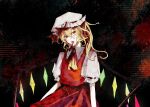  1girl absurdres ascot bangs blonde_hair blood blood_on_face collared_shirt cowboy_shot crystal fangs flandre_scarlet frilled_shirt_collar frills hat highres long_hair mob_cap oiviie one_side_up open_mouth puffy_short_sleeves puffy_sleeves red_eyes red_skirt red_vest shirt short_sleeves sideways_glance skirt solo tongue tongue_out touhou vampire vest white_headwear white_shirt wings yellow_ascot 