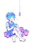  1boy barefoot basil_(omori) blush collared_shirt colored_skin emily_shaw flower green_eyes green_hair green_shirt handheld_game_console head_wreath highres holding holding_handheld_game_console light_bulb looking_away nintendo_switch omori open_mouth overall_shorts overalls plant potted_plant shirt short_hair short_sleeves sitting smile solo white_skin 