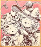  2girls :d blush bow cheek_poking commentary frilled_shirt_collar frilled_sleeves frills greyscale_with_colored_background hair_between_eyes hair_ornament hat hat_bow heart heart_hair_ornament heart_of_string highres holding komeiji_koishi komeiji_satori long_sleeves looking_at_another multiple_girls mushiao nose_blush open_mouth photo_(medium) poking red_background short_hair siblings sisters smile sweatdrop teeth third_eye touhou traditional_media upper_teeth wide_sleeves 