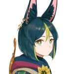  1boy animal_ear_fluff animal_ears artist_name bangs blue_hair blue_shirt closed_mouth commentary_request earrings flower fox_tail genshin_impact green_eyes green_hair hair_between_eyes highres hood izuki_111 jewelry looking_at_viewer multicolored_hair shirt short_hair short_sleeves simple_background single_earring solo sunflower tail tighnari_(genshin_impact) two-tone_hair upper_body white_background yellow_flower 