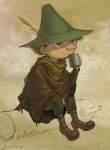  1boy artist_name bad_link boots brown_cloak brown_eyes brown_footwear brown_hair cloak closed_mouth cup green_headwear green_jacket green_pants hat hat_feather highres holding holding_cup jacket log long_sleeves male_focus moomin mug pants scarf sitting sitting_on_log smile snufkin solo torn_clothes torn_hat uemura_(uemuraichilog) 