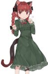  1girl animal_ears bow braid cat_ears cat_tail dress frilled_dress frills green_dress highres kaenbyou_rin long_sleeves multiple_tails paw_pose red_eyes redhead simple_background solo subaritsuku tail touhou twin_braids two_tails white_background 