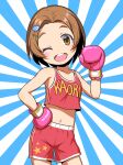  1girl boxing_gloves boxing_shorts breasts hair_ornament hairclip hands_on_hips idolmaster idolmaster_cinderella_girls midriff navel orange_eyes orange_hair ryuzaki_kaoru short_hair shorts small_breasts tank_top thick_eyebrows yama_tatsuo 