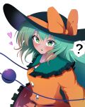  1girl ? absurdres alternate_hair_length alternate_hairstyle black_headwear bow green_eyes green_hair hat hat_bow heart highres komeiji_koishi long_hair long_sleeves looking_at_viewer open_mouth polyhedron2 ribbon simple_background solo spoken_question_mark third_eye touhou upper_body white_background yellow_bow 