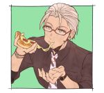  1boy :t anmochi aqua_eyes arurandeisu black_shirt bracelet cheese_trail collared_shirt eating facial_hair food glasses goatee green_background hair_slicked_back holding holding_food holostars jewelry male_focus mature_male necktie outside_border pizza print_necktie red-framed_eyewear shirt solo upper_body virtual_youtuber watch watch white_hair white_necktie 