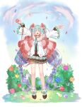  1girl 2021 :d arms_up bangs blue_hair blue_nails blush brown_shirt brown_skirt closed_eyes dated facing_viewer floating_hair flower full_body gradient_hair hair_between_eyes hair_flower hair_ornament hatsune_miku highres hkr.aoq holding jacket long_hair long_sleeves miniskirt multicolored_hair nail_polish open_clothes open_jacket open_mouth pleated_skirt purple_hair shiny shiny_hair shirt skirt smile solo standing twintails very_long_hair vocaloid watermark white_flower white_jacket wide_sleeves 