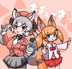  2girls animal_costume animal_ear_fluff animal_ears belt blazer blue_eyes extra_ears fox_ears fox_girl fox_tail futo_utsu gloves grey_hair island_fox_(kemono_friends) jacket kemomimi_oukoku_kokuei_housou kemono_friends kemono_friends_v_project kneehighs long_hair looking_at_viewer mikoko_(kemomimi_oukoku_kokuei_housou) multicolored_hair multiple_girls necktie open_mouth orange_hair ribbon shirt simple_background skirt smile socks tail twintails virtual_youtuber yellow_eyes 