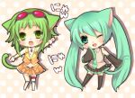  2girls :o animal_ears arm_up bangs belt blue_eyes blue_hair blush bridal_garter brooch cat_ears cat_girl cat_tail chibi collared_shirt detached_sleeves goggles goggles_on_head green_eyes green_hair gumi hatsune_miku izumi_chiro jewelry long_hair long_sleeves multiple_girls open_mouth shirt sleeveless sleeveless_shirt sleeves_past_wrists smile tail thigh-highs twintails very_long_hair vocaloid wrist_cuffs 
