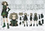  1girl armguards bangs_pinned_back bodysuit boots brown_hair camouflage combat_boots covered_navel cropped_vest fingerless_gloves gloves green_eyes hair_ornament hairclip highres non-web_source official_art reference_sheet saitou_masatsugu shania_(xenoblade) skirt twintails vest x_hair_ornament xenoblade_chronicles_(series) xenoblade_chronicles_3 
