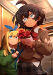  2girls absurdres ahoge black_hair blind blind_girl_(popopoka) blonde_girl_(popopoka) blonde_hair blue_eyes blue_hairband blue_ribbon bouquet bow bowtie brown_hair brown_sweater cellphone closed_mouth collared_shirt elevator elevator_door english_commentary flower freckles frown green_sweater hairband highres holding holding_bouquet holding_leash holding_phone indoors khyle. leash long_hair long_sleeves medium_hair messy_hair multiple_girls no_pupils original patreon_logo patreon_username phone plaid plaid_skirt red_bow ribbon rose shirt short_hair sidelocks skirt smartphone smile sweater 