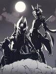  2boys animal_ears anninoishi armor commentary_request cyno_(genshin_impact) full_moon genshin_impact glowing glowing_eyes highres jackal_ears looking_at_viewer male_focus moon moonlight multiple_boys night night_sky on_roof outdoors shadow shoulder_armor shoulder_spikes silhouette simple_background single_bare_shoulder sky spikes xiao_(genshin_impact) 
