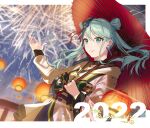  1girl 2022 bangs blue_eyes blue_hair blurry blurry_background earrings fireworks floating_hair grin hair_between_eyes hatsune_miku highres holding holding_umbrella jewelry long_hair long_sleeves oil-paper_umbrella red_umbrella rizu033 shiny shiny_hair smile solo twintails umbrella vocaloid 