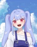  1girl 3di_project :d bangs blue_hair blue_sky blunt_bangs clouds collarbone highres light_blue_hair maichle_(mai_chle30) open_mouth red_eyes short_eyebrows sky smile solo teeth thien_(sky)_(3di) twintails virtual_youtuber 