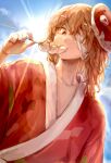  1other ametsukana_yago androgynous bandage_over_one_eye blue_sky brown_hair commentary_request dango food hand_up hemo_(hemoroda) highres holding holding_food japanese_clothes kimono len&#039;en long_hair long_sleeves mask mask_on_head red_eyes red_kimono sky solo tsukimi_dango wagashi watashi 