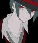  1boy bangs black_background black_hair black_headwear closed_mouth collarbone collared_shirt danganronpa_(series) danganronpa_v3:_killing_harmony grey_shirt hair_between_eyes highres male_focus porary portrait red_eyes saihara_shuuichi shirt short_hair simple_background solo 