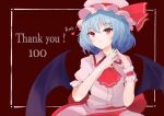  1girl ascot bat_wings black_wings blue_hair closed_mouth hat hat_ribbon heart highres looking_at_viewer megamausu milestone_celebration mob_cap pink_headwear pink_shirt pointy_ears red_ascot red_eyes red_ribbon remilia_scarlet ribbon shirt short_hair solo touhou upper_body wings 