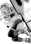  1girl absurdres animal_ears arknights aurora_(arknights) bear_ears belt_pouch breasts chaps crop_top greyscale hair_over_one_eye hairband highres holding holding_shield long_hair midriff monochrome pouch shield short_shorts shorts toxin000x zipper 
