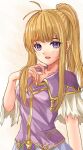  1girl :d antenna_hair bangs blonde_hair blue_skirt breasts capelet clarine_(fire_emblem) collarbone commentary_request eyelashes fire_emblem fire_emblem:_the_binding_blade fuussu_(21-kazin) hair_flowing_over hand_up layered_capelet long_hair looking_at_viewer open_mouth pleated_skirt ponytail purple_capelet purple_shirt shirt short_sleeves skirt small_breasts smile solo standing teeth upper_body upper_teeth violet_eyes white_background white_capelet 