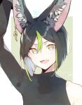  absurdres animal_ear_fluff animal_ears arm_up asymmetrical_sleeves bangs black_hair character_name commentary earrings english_text fang fox_boy fox_ears genshin_impact gnsn_aile022 green_hair highres jewelry looking_at_viewer male_focus multicolored_hair open_mouth signature simple_background single_earring solo streaked_hair tighnari_(genshin_impact) two-tone_background uneven_sleeves upper_body white_hair 