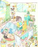  1boy 2girls aqua_apron barefoot blanket blush brown_hair cat curtains family highres indoors kawatsu_yuuki knitting leaf long_hair lying multiple_girls original pants pink_pants plant ponytail potted_plant scarf shirt sitting sleeping slippers smile socks white_socks wide_shot yarn yellow_footwear yellow_shirt 