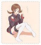 1girl bad_id bad_twitter_id blush brown_eyes brown_hair clenched_hands cosplay jacket long_sleeves lyra_(pokemon) open_mouth pokemon pokemon_(game) pokemon_hgss silver_(pokemon) silver_(pokemon)_(cosplay) sitting smile solo thigh-highs twintails yairo_(sik_s4) 
