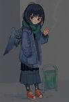  1girl black_hair blue_coat blue_skirt blush cigarette closed_mouth coat green_scarf highres holding holding_cigarette io_(onisarashi) looking_at_viewer medium_hair original pleated_skirt red_eyes red_footwear scarf shoes skirt smile sneakers solo trash_can wings 