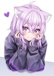  1girl ahoge animal_ear_fluff animal_ears arms_up bangs black_hoodie blush cat_ears closed_mouth commentary deadnooodles hair_between_eyes heart highres hololive hood hoodie long_hair long_sleeves looking_at_viewer nekomata_okayu puffy_long_sleeves puffy_sleeves purple_hair revision simple_background sleeves_past_wrists smile solo symbol-only_commentary upper_body violet_eyes virtual_youtuber white_background 