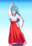  1girl ahoge alternate_costume arm_up bangs blue_background blue_eyes blue_hair closed_mouth dami_(claimh9) full_body gradient gradient_background hair_between_eyes hakama hand_on_hip highres japanese_clothes kimono long_hair long_sleeves miko red_hakama shiny shiny_hair smile socks solo standing straight_hair tabi very_long_hair vivy vivy:_fluorite_eye&#039;s_song white_background white_kimono white_sleeves white_socks 