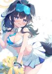 1girl armband bare_shoulders black_hair blue_archive blue_eyes blush bra cheerleader cleavage dog_ears dog_girl dog_tail dripping googles halo hibiki_(blue_archive) long_hair looking_at_viewer open_mouth pom_poms ponytail shadow short_shorts simple_background solo star star_(symbol) stomach sweat sweating sweating_profusely visor_cap white_background 