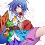  1girl bag bangs blue_hair blue_pupils candy_apple cape food highres long_sleeves looking_at_viewer multicolored_clothes multicolored_hairband open_mouth patchwork_clothes short_hair simple_background solo tenkyuu_chimata touhou white_background white_cape xiebaowang zipper 