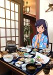 1girl black_eyes black_hair blue_kimono commentary_request food headgear hitakikan i-400_(kancolle) indoors japanese_clothes kantai_collection kimono lantern long_hair looking_at_viewer official_alternate_costume plant smile solo table tan upper_body yukata 