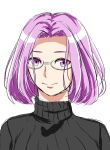 1girl alternate_hairstyle fate_(series) forehead glasses highres medusa_(fate) medusa_(rider)_(fate) pink_hair portrait short_hair solo tomotomow00w violet_eyes white_background 
