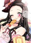  1girl bare_shoulders black_hair breasts candy closed_mouth dress food forehead gift hair_ribbon hat highres kamado_nezuko kimetsu_no_yaiba long_hair multicolored_hair one_eye_closed pink_eyes pink_ribbon pori_(kmt_pori) ribbon small_breasts smile solo witch_hat 
