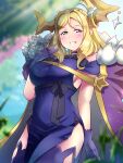  1girl blonde_hair blurry blurry_background breasts cape cowboy_shot day demon_girl demon_horns dress english_commentary genjitsu_no_yohane gloves grin half-closed_eyes hand_to_own_mouth hand_up highres horns large_breasts long_hair looking_at_viewer love_live! love_live!_sunshine!! off-shoulder_dress off_shoulder ohara_mari outdoors purple_cape purple_dress purple_gloves purple_thighhighs side_slit sideboob signature single_bang sleeveless sleeveless_dress smile solo teeth thigh-highs tsumikiy 